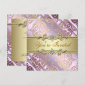 ピンクゴールドダマスクパーティー 招待状 (正面/裏面)