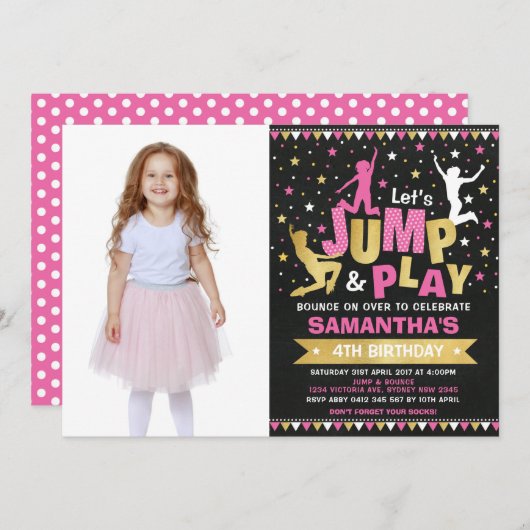 ピンクゴールドトランポリンジャンピングバウンスバースデーパーティー 招待状 (正面/裏面)