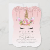 ピンクゴールドドリップグリッター ユニコーン ベビーガール シャワー 招待状 (正面)
