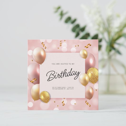ピンクゴールドバルーン 誕生日 招待状 (スタンド正面)