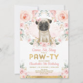 ピンクゴールドパグの女の子の誕生日パピー ペット ドッグ パーティー 招待状 (正面)