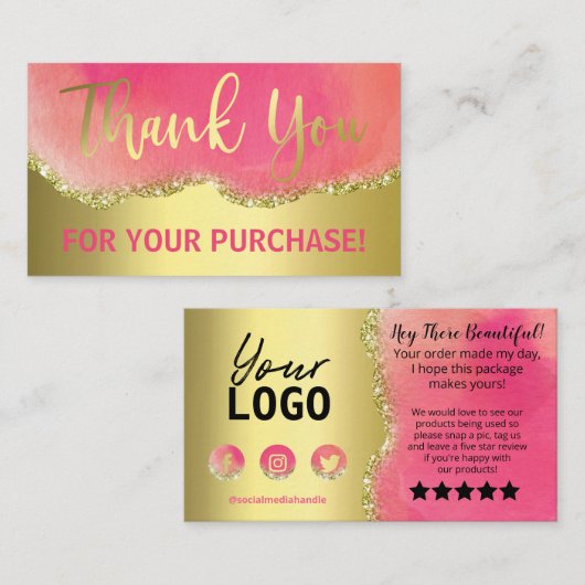 ピンクゴールドフォイルグリッターエーゲート購入ありがとう 名刺 (正面/裏面)