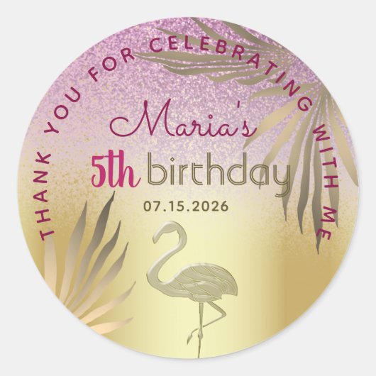 ピンクゴールドフラミンゴ5歳の誕生日 ラウンドシール (正面)