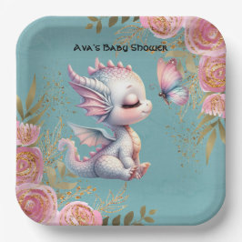 ピンクゴールドフローラルドラゴンバタフライガールベビーシャワー ペーパープレート