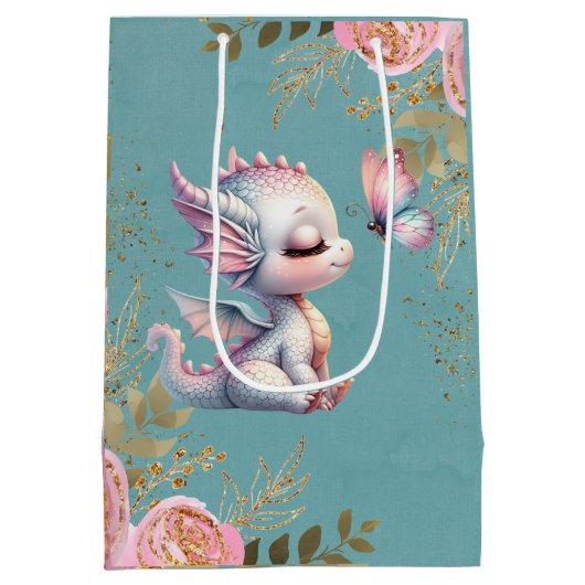 ピンクゴールドフローラルドラゴンバタフライガールベビーシャワー ミディアムペーパーバッグ (裏面)