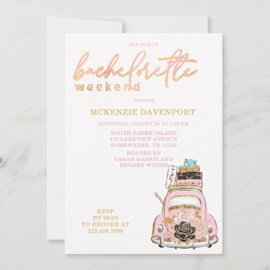 ピンクゴールドブラックカー ブライズメイドウィークエンド 招待状 (正面)