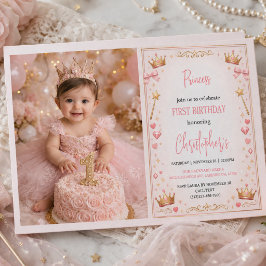 ピンクゴールドプリンセスクラウンフェアリーテイル1歳誕生日 招待状