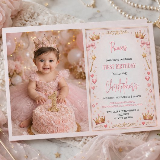 ピンクゴールドプリンセスクラウンフェアリーテイル1歳誕生日 招待状