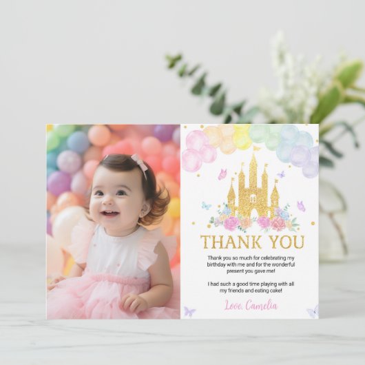 ピンクゴールドプリンセス城の誕生日感謝カード サンキューカード (スタンド正面)