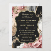 ピンクゴールドマーブル フローラル エレガント ウェディング 招待状 (正面)