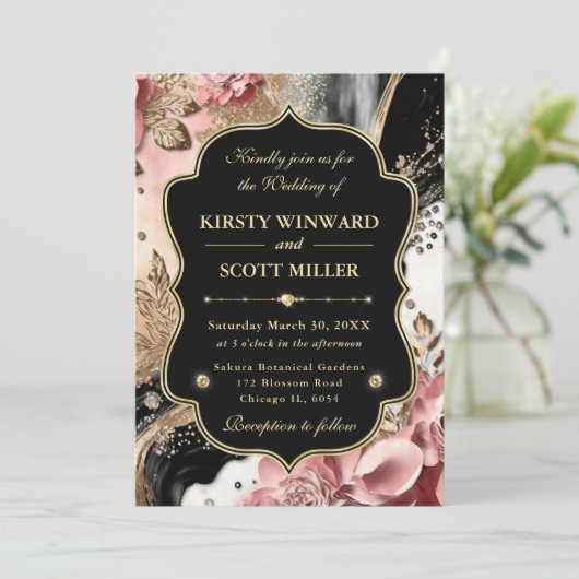 ピンクゴールドマーブル フローラル エレガント ウェディング 招待状 (スタンド正面)