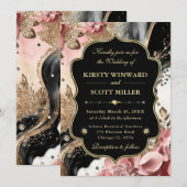 ピンクゴールドマーブル フローラル エレガント ウェディング 招待状 (正面/裏面)
