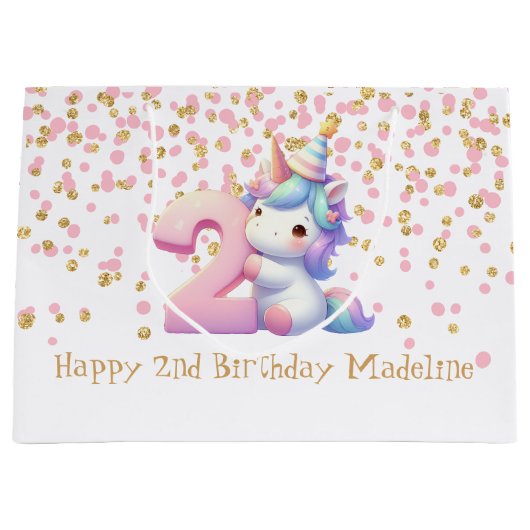 ピンクゴールドユニコーンのラメ 2歳の女の子の誕生日 ラージペーパーバッグ (正面)