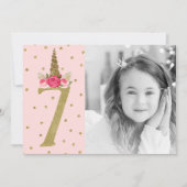 ピンクゴールドラメユニコーン7歳の誕生日パーティー 招待状 (正面)