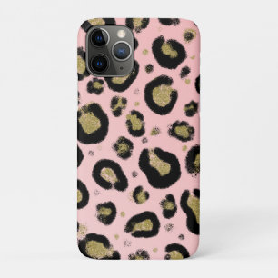 ピンクゴールドラメ ブラックヒョウ+チーター柄 iPhone 11 PROケース