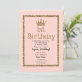 ピンクゴールドラメ 1歳の誕生日 プリンセス クラウン 招待状 (スタンド正面)