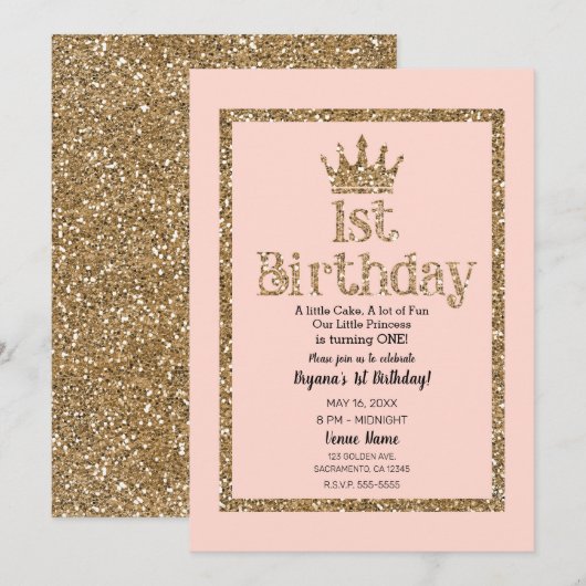 ピンクゴールドラメ 1歳の誕生日 プリンセス クラウン 招待状 (正面/裏面)