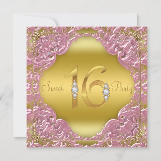 ピンクゴールド渦巻きファンシーSweet16パーティー 招待状 (正面)