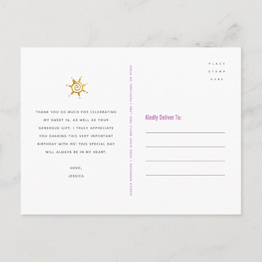 ピンクゴールド ありがとう スウィート16 ウォーターカラー 誕生日 ポストカード (裏面)