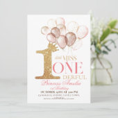 ピンクゴールド クラウンプリンセス風船 1歳の誕生日 招待状 (スタンド正面)