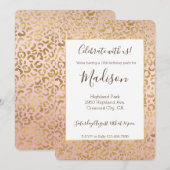 ピンクゴールド グリッツ スパークル ヒョウ柄 招待状 (正面/裏面)