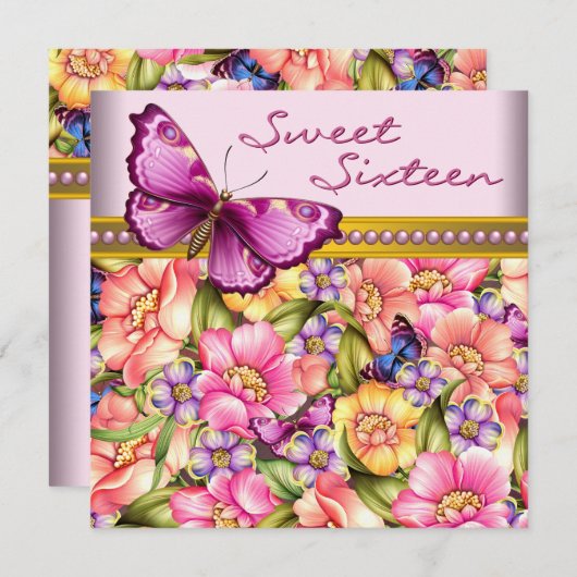 ピンクゴールド バタフライ ピンクゴールド スイート16 誕生日 招待状 (正面/裏面)