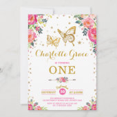 ピンクゴールド バタフライ 水彩 フラワー 誕生日 招待状 (正面)