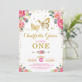 ピンクゴールド バタフライ 水彩 フラワー 誕生日 招待状 (スタンド正面)