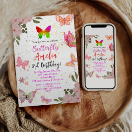 ピンクゴールド パープル エレガントな蝶の女の子 誕生日 招待状