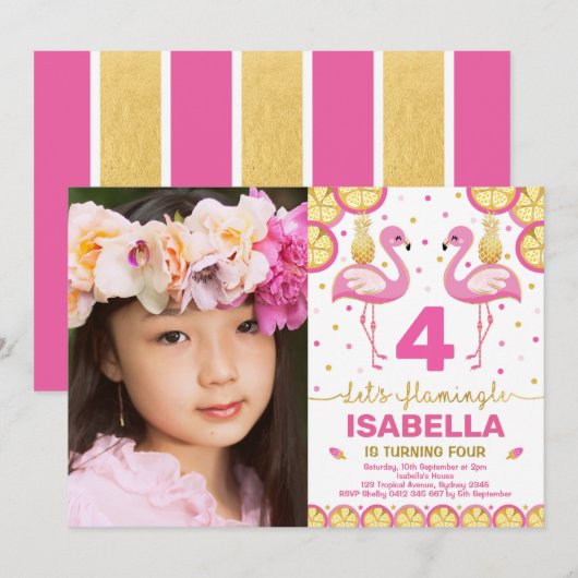 ピンクゴールド フラミンゴ 誕生日 トロピカル プールパーティー 招待状 (正面/裏面)
