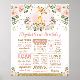 ピンクゴールド フラワー キリン 1歳 誕生日 マイルストーン ポスター