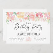 ピンクゴールド フローラル ウォーターカラー 60歳の誕生日 招待状 (正面/裏面)