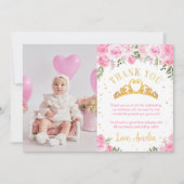 ピンクゴールド フローラル クラウンプリンセス バースデー サンキューカード (正面)