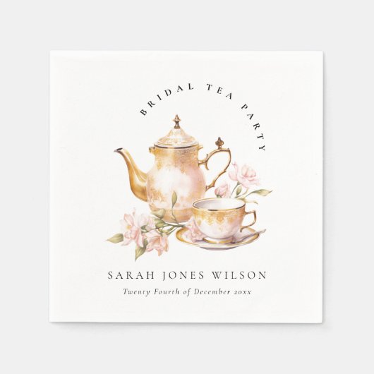 ピンクゴールド フローラル ティーセット ブライダルシャワー ティーパーティー スタンダードカクテルナプキン (正面)