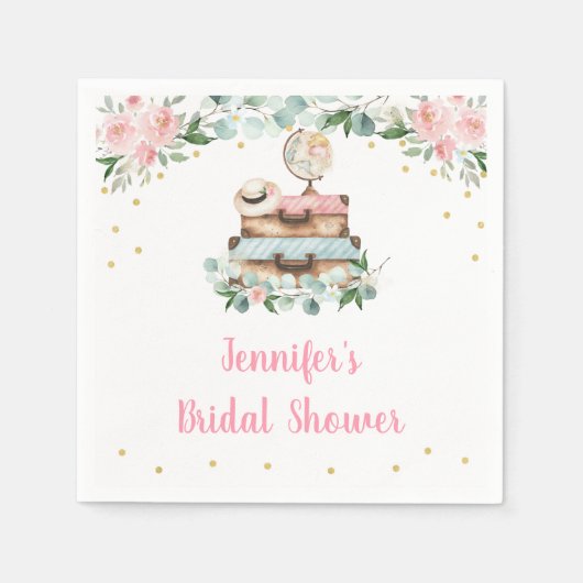 ピンクゴールド フローラル トラベル ミス・トゥ・ミセス ブライダルシャワー スタンダードカクテルナプキン (正面)