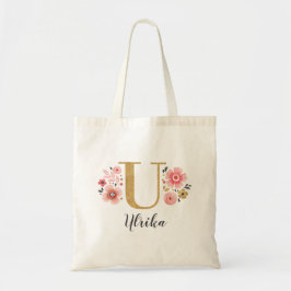 ピンクゴールド フローラル モノグラム レター "U" トートバッグ