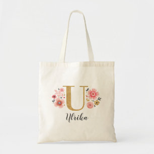 ピンクゴールド フローラル モノグラム レター "U" トートバッグ