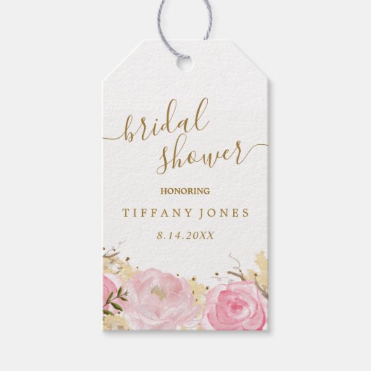 ピンクゴールド フローラル ローズ ウォーターカラー ブライダルシャワー ギフトタグ (正面)
