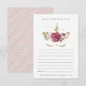 ピンクゴールド フローラ ユニコーン ママのベビーシャワーのためのアドバイス エンクロージャーカード (正面/裏面)