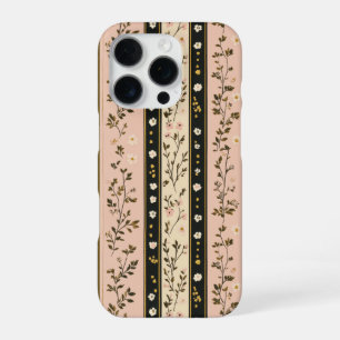 ピンクゴールド ブラック ヴィンテージ ストライプ フラワー iPhone 16 PROケース