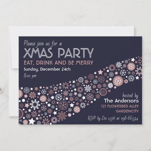 ピンクゴールド ホワイト ブルー ウィンター スノーフレーク クリスマス パーティー 招待状 (正面)