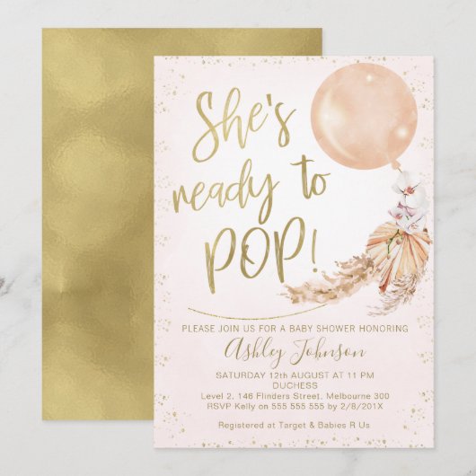 ピンクゴールド ボヘミア バルーン ベイビーシャワー レディトゥポップ 招待状 (正面/裏面)