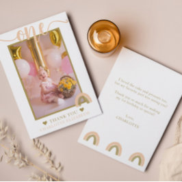 ピンクゴールド ボーホー レインボー ファースト バースデー フォト サンキューカード