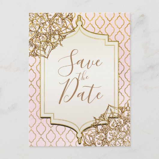ピンクゴールド モロッカン アラビアンナイト セーブ・ザ・デート 案内ポストカード (正面)