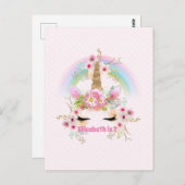 ピンクゴールド ユニコーン レインボー フラワー 女の子 名入れ ギフト ポストカード (正面/裏面)