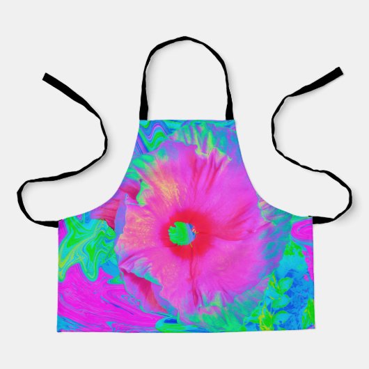 ピンクサイケデリックと赤のハイビスカスの花 エプロン (正面)