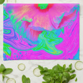 ピンクサイケデリックと赤のハイビスカスの花 キッチンタオル (折り畳み)