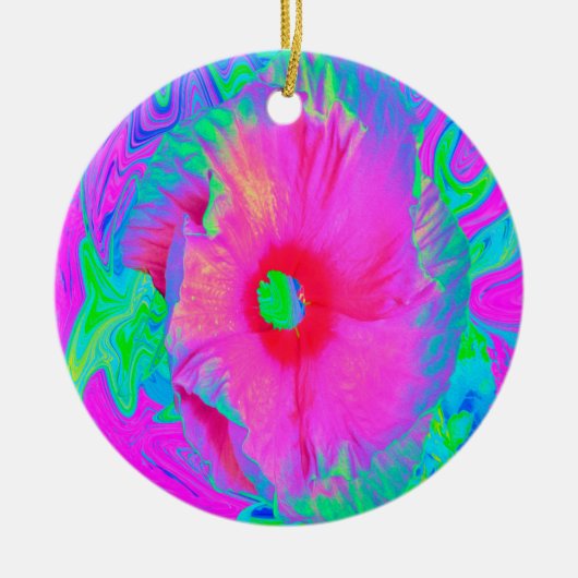 ピンクサイケデリックと赤のハイビスカスの花 セラミックオーナメント (正面)