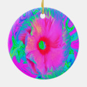 ピンクサイケデリックと赤のハイビスカスの花 セラミックオーナメント (裏面)