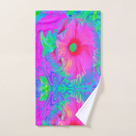 ピンクサイケデリックと赤のハイビスカスの花 バスタオルセット (ハンドタオル)